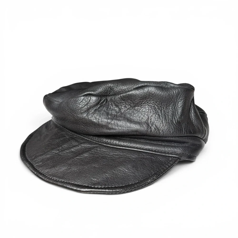 Vintage Champlain Leather Newsboy Greek Fisherman Hat Black USA Large